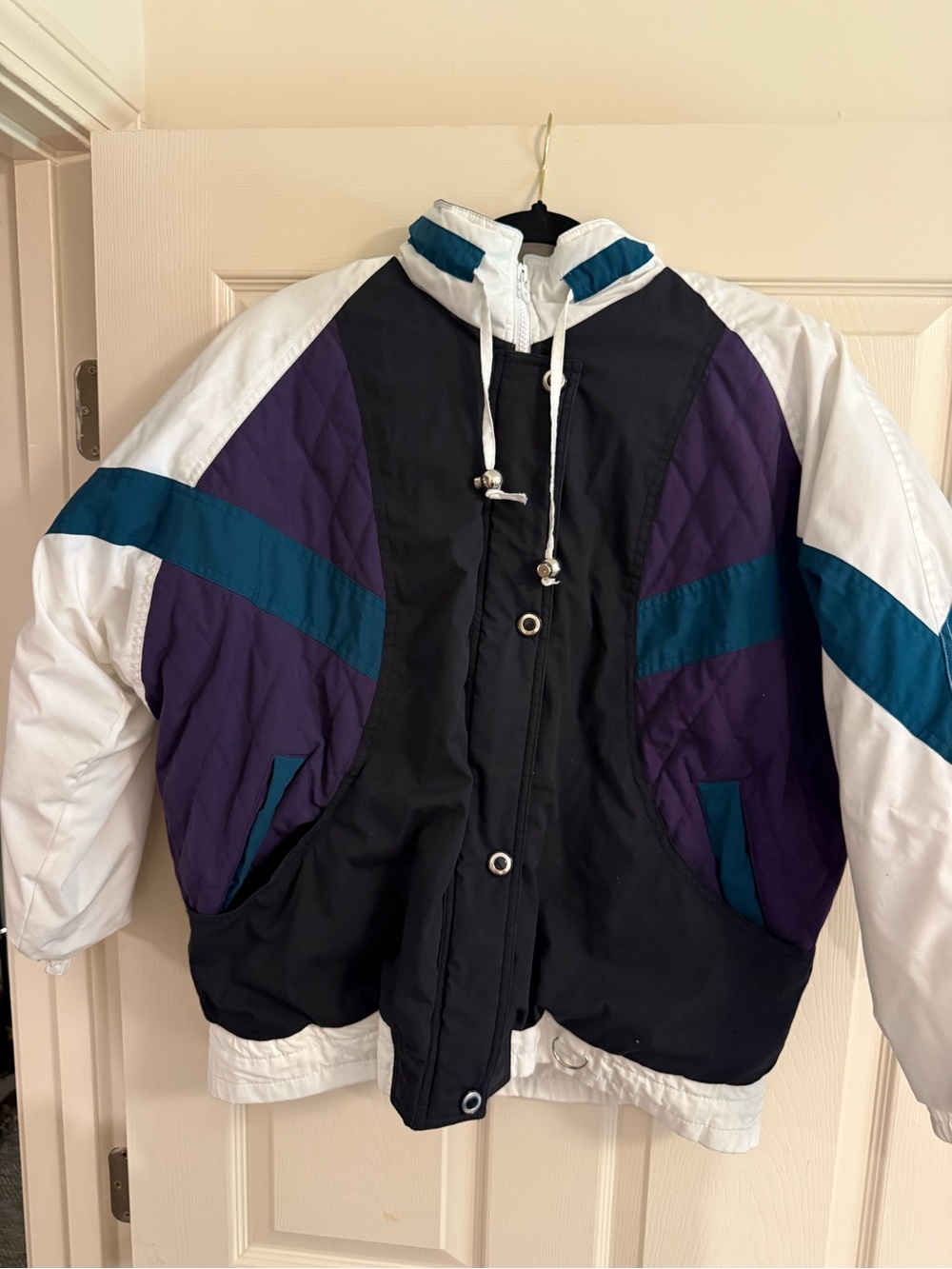 90s Andy Johns Colorblock Puffer Ski Jacket in Black, Purple & Teal